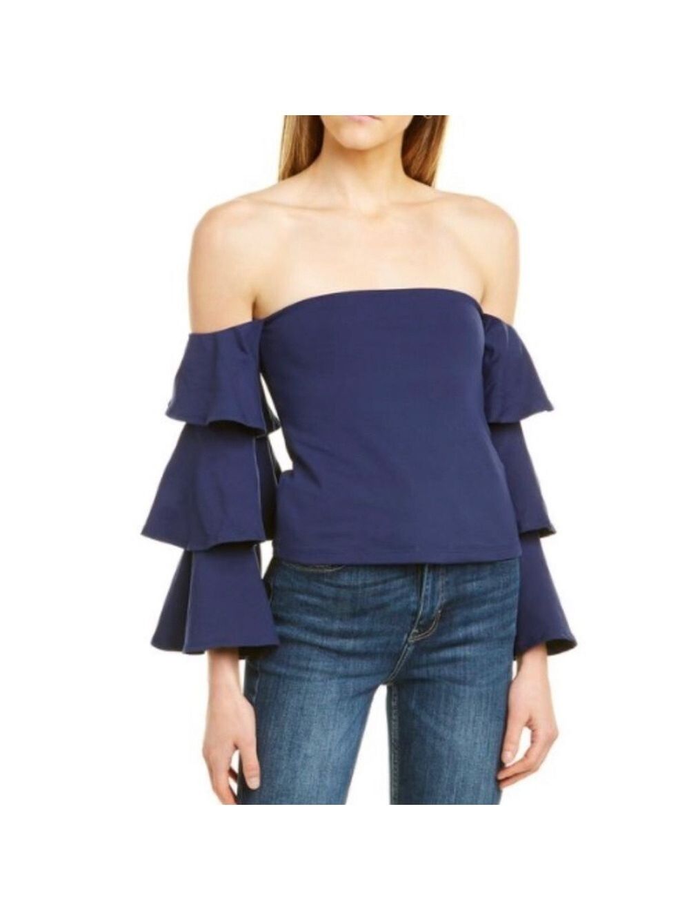 NWT Susana Monaco CREAM Off The Shoulder Tiered Ruffle Bell Sleeve Top S…
